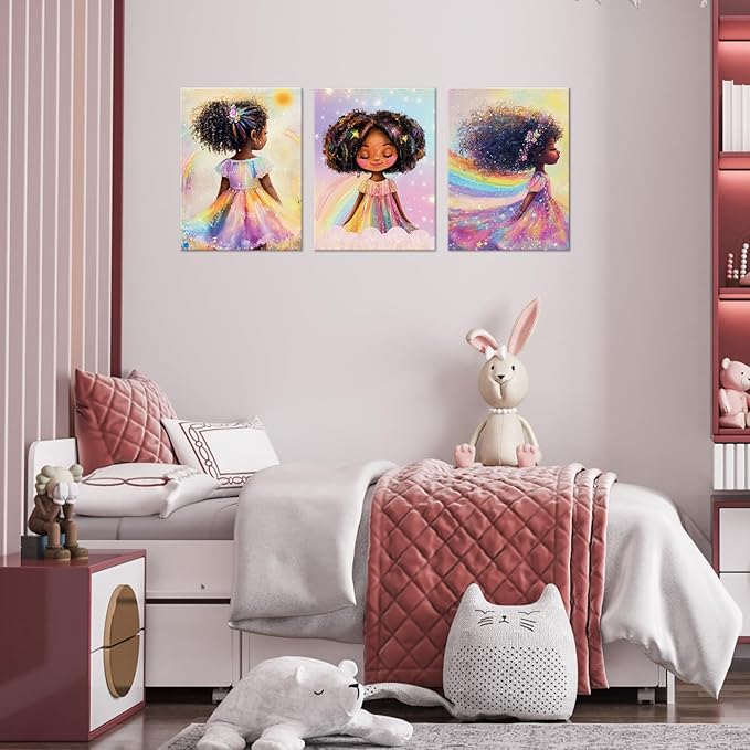 Black Girl Princess Wall Art, Rainbow Hair Girl Painting,Cute Afro Girls Art,Cute Black Girl Nursery Art,Whimsical Rainbow Art Print Set Poster,Black Kids Canvas Prints,Framed16 x 24inches X3piece