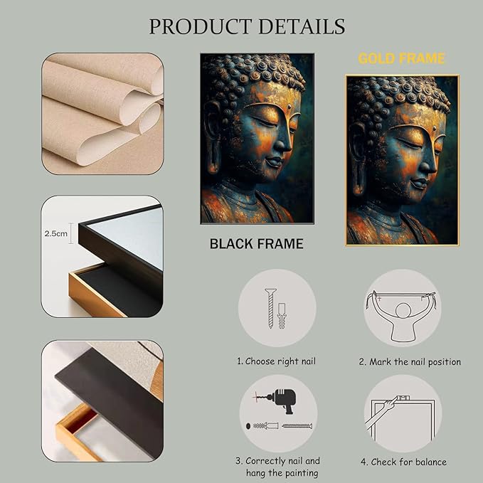Buddha Statue Canvas Art, Zen Meditation Décor, Framed Print for Bedroom, Yoga Room, and Living Room (Gold Framed, 32"x48"|82x122cm)