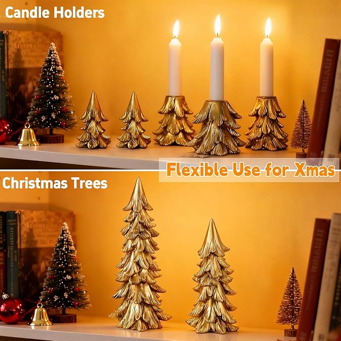 Christmas Table Decorations, Vintage Xmas Golden Resin Tree Candle Holders Set, Combined into Golden Tabletop Pine Tree for Holiday Wedding Party Mantle Fireplace Dining Room Centerpieces