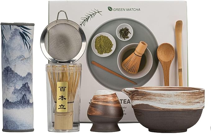 Ceramic Matcha Whisk Set, Complete Matcha Set-8PCS for Ceremonial Grade Matcha, Tea Gifts for Tea Lovers for Christmas, Birthday, Halloween (Stoneware)