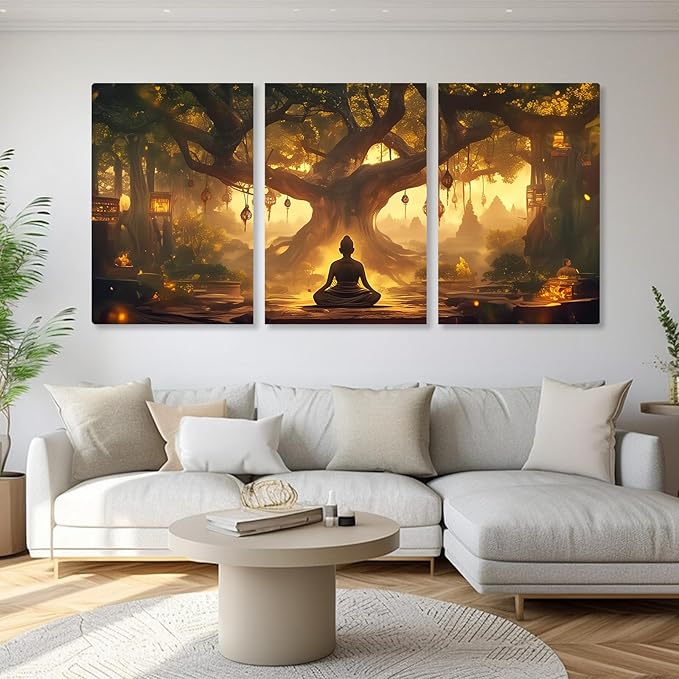 WithHope 3 Piece Buddha Canvas Wall Art, Buddha Home Decor, Buddhist Decorations, Zen Canvas Wall Art, Tree of Life Artwork, Zen Decorations, Modern Painting, Living Room Decor (12" x 18" x 3 pcs)