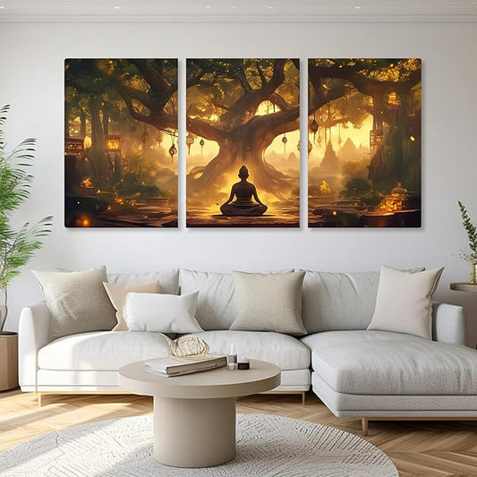 WithHope 3 Piece Buddha Canvas Wall Art, Buddha Home Decor, Buddhist Decorations, Zen Canvas Wall Art, Tree of Life Artwork, Zen Decorations, Modern Painting, Living Room Decor (12" x 18" x 3 pcs)