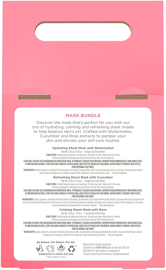 Burt's Bees Christmas Gifts - Face Mask Bundle Set, Hydrating Watermelon, Calming Rose, & Refreshing Cucumber, Face Sheet Masks for Single Use Skin Care, 99% Natural Origin, 3 Count, 0.33oz Each