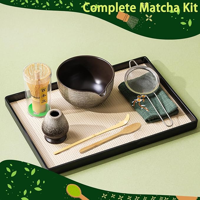Matcha Whisk Set,7 Pcs Matcha Kit Tea Tools Includes Matcha Bowl with Spout, Sifter, Bamboo Scoop,Tea Towel,Whisk and Holder, Ideal Gift for Matcha Lovers (Black&White)