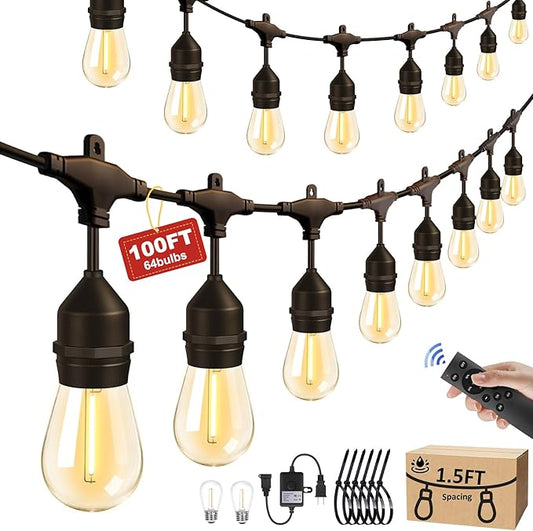 100FT Outdoor String Lights with 64+4 Bulbs (1.5FT Bulbs Spacing), Remote & Dimmer, Commercial Patio String Lights with 3 Mode Light & Timing, IP65 Waterproof, 100PC Mounting Ties for Outside