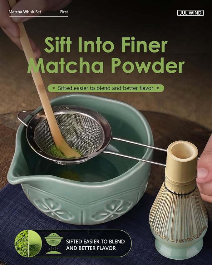 Matcha Whisk Set, Ceramic Matcha Bowl, Bamboo Whisk, Scoop, Sifter, Holder, Tea Towel - 6 Pcs Matcha Kit Gift for Matcha Lovers Beginners (Green)