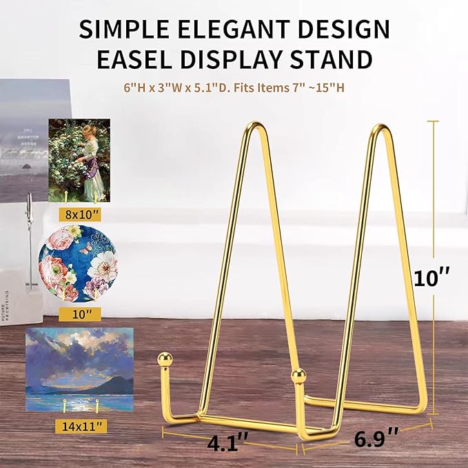 Kruodop 10 Inch Plate Stands for Display, 3 Pack Plate Holder Display Stand, Gold Metal Frame Easel Holder Stand for Pictures,Book, Photo, Decorative Plate-Gold