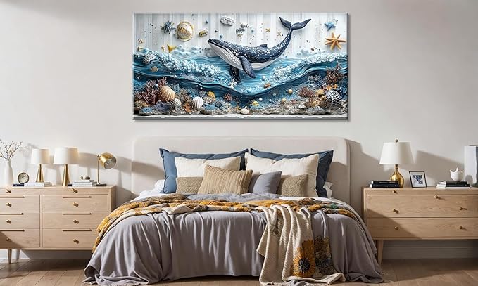 ZESTRILIA Ocean Whale Wall Art for Kids Room Navy Blue Marine Organism Underwater World under the Sea Canvas Painting Prints Artwork Family Living Bedroom Decor Extra Large (58x28 Inches)