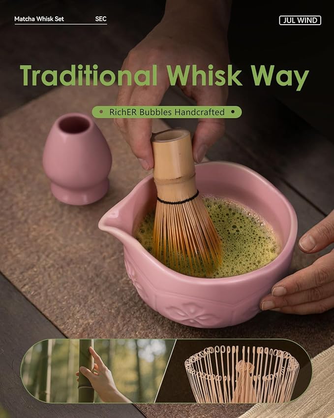 Matcha Whisk Set, Ceramic Matcha Set Includes Bowl with Spout, Whisk and Holder, Bamboo Scoop, Sifter and Tea Towel - 6 Pcs Matcha Kit Gift for Lovers Beginners (Pink)