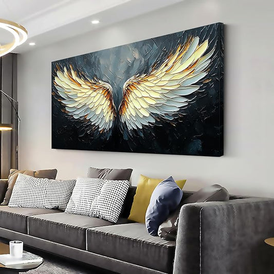 ZESTRILIA Angel Wings Wall Art for Girls Room Gold Gray Canvas Oil Painting Prints Modern Abstract Fantasy Anime Artwork Living Bedroom Office Decor (40x20 Inches)