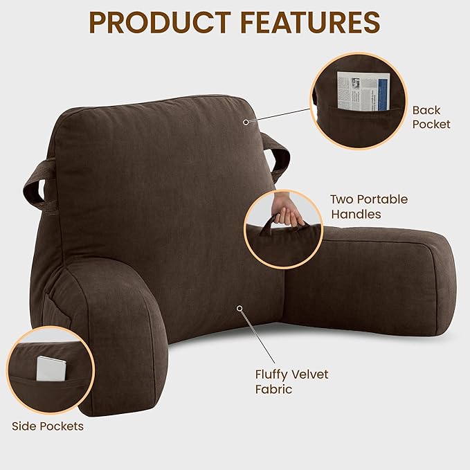 Portable Comfy Reading Pillows for Bed Sitting Up(Brown Oeko-Tex), Velvet Back Pillow with Arms & Pockets for Adults, Support Memory Foam Bed Pillow for Dorm/Reading/Watching/Gaming