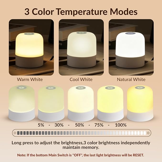 Portable Baby Night Light, 3-Color Dimmable, 2400mAh Rechargeable Touch Nightlight, Small LED Nursery Lamp, for Kids, Adults