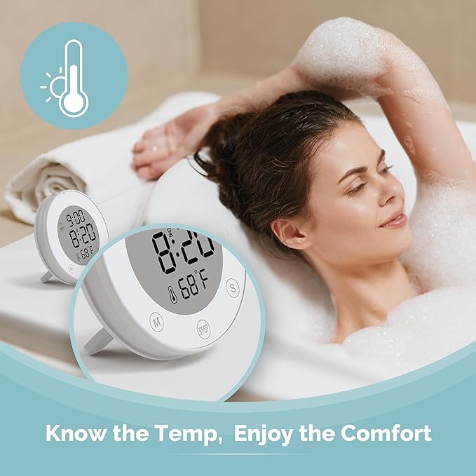 KADAMS Shower Clock Waterproof Bathroom Timer – Digital Wall Clock with Countup & Countdown, Magnetic Kitchen Clock with Temperature, Suction Cup for Kids Shower Spa Sauna Cook Bath, White