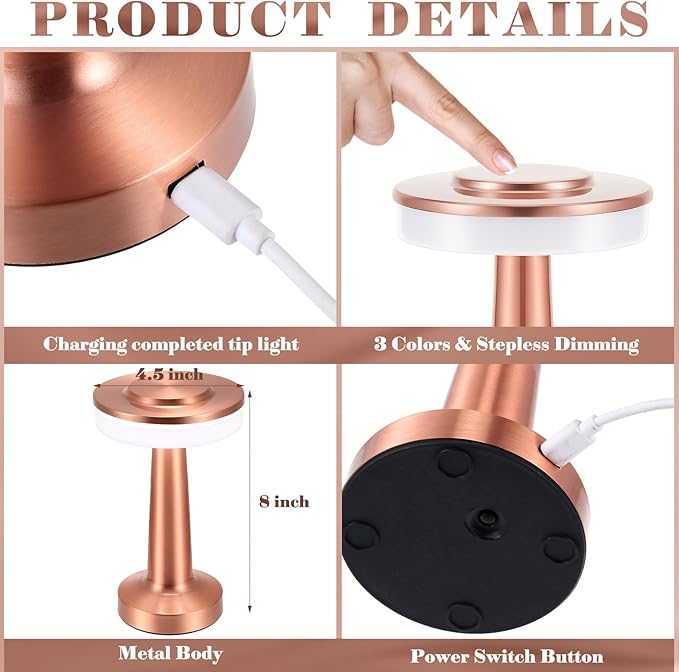 VIHOSE 8 Pcs Cordless Table Lamps LED Portable Rechargeable Table Lamp with Touch Sensor 3 Color Dimming up to 15 Hours Battery Desk Light for Restaurant Nursery Living Room (Rose Gold)
