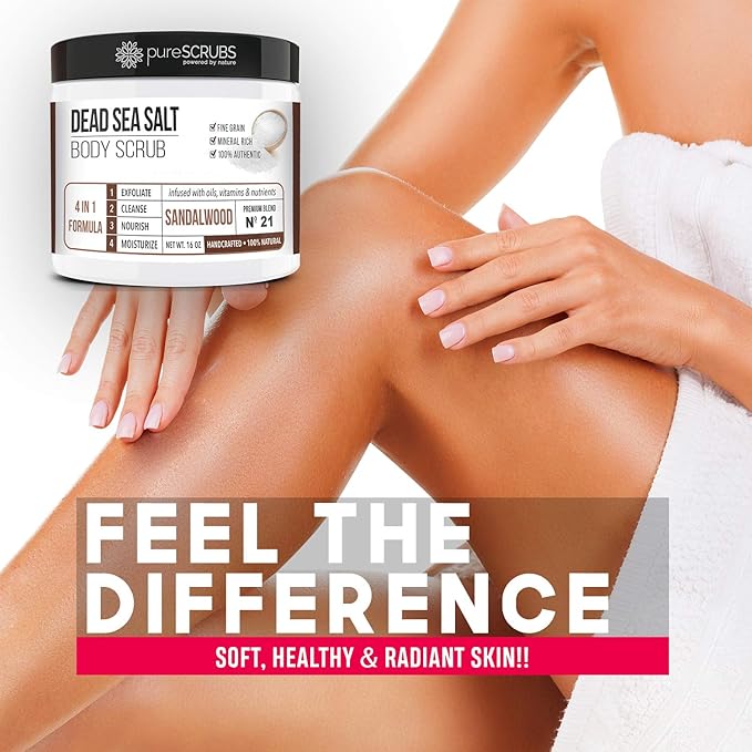 pureSCRUBS Premium Sandalwood Body Scrub Set - Large 16oz Dead Sea Salt Body Scrub With Infused Essential Oils & Nutrients, Includes Wooden Spoon, Loofah & Oatmeal Exfoliating Bar Soap