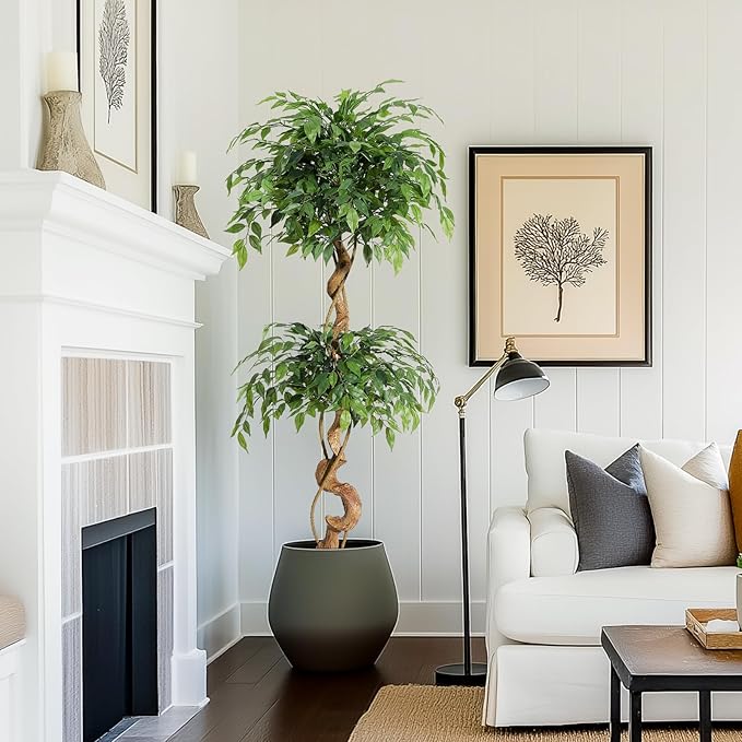 GarveeHome Ficus Artificial Tree with Curved Trunk，5 ft Faux Plant Fake Silk Trees with White Pot, Fake Ficus Tree for Home Decor, Artificial Plants Indoor for Office Living Room