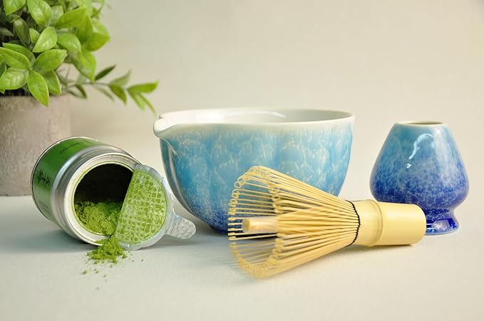 Matcha Whisk set, 8pcs Matcha Making Kit Includes Ceramic Bowl, Bamboo Whisk (Chasen), Whisk Holder, Sifter, Bamboo Scoop, Scoop Rest, Tea Towel, Macha kit for Matcha Tea Ceremony, Blue