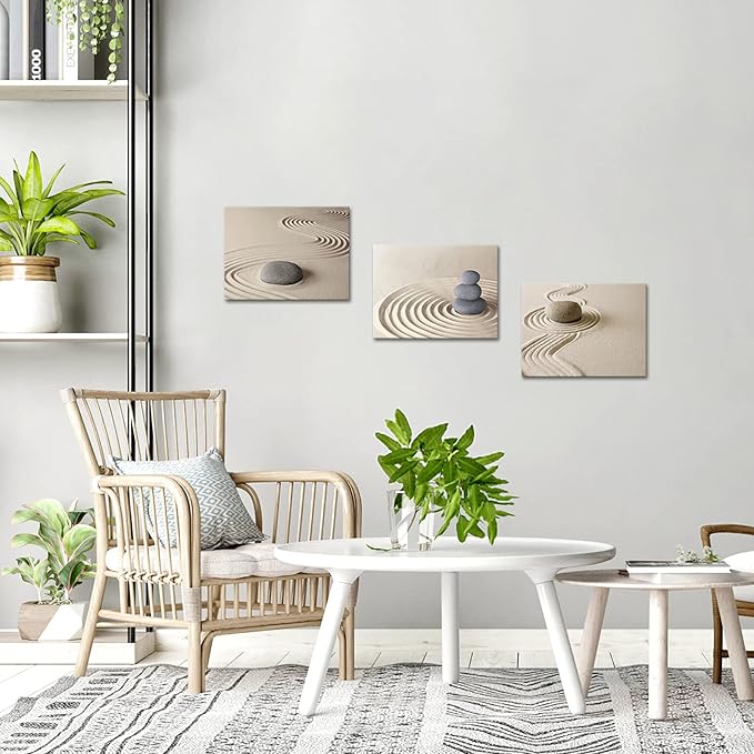 Apicoture Zen Stone Canvas Wall Art Zen Stone Sand Prints Canvas Art Calm Peaceful Still Life Wall Art for Spa Room Decor Framed 12x16inchx3pcs