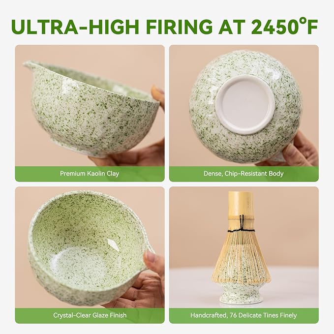 Matcha Whisk Set, Green Speckled Ceramic Matcha Bowl with Spout, Bamboo Whisk & Holder – 8-Piece Making Kit for Home, Yoga & Gifts – Matcha Lovers & Japanese Tea Culture