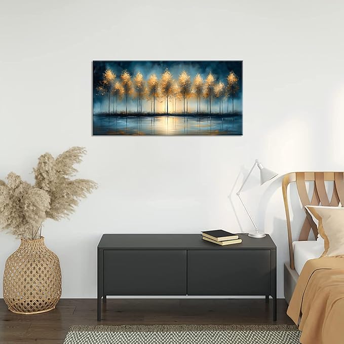 ZESTRILIA Golden Trees Wall Art Impression Canvas Abstract Sunset Oil Painting Reproduction Print Artwork Landscape Picture for Living Room Bedroom Home Office Kitchen Décor (23x46inch)