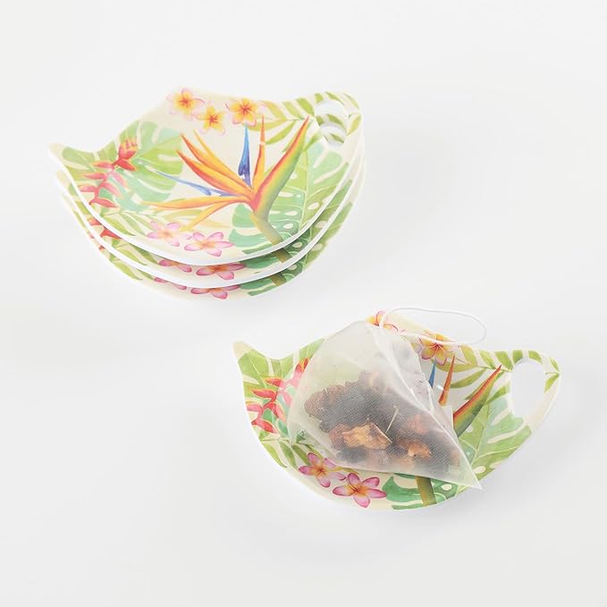 Supreme Housewares Bird of Paradise Tea Bag Holders, Teapot Shaped Tea Bag Coasters Spoon Rests Saucer Seasoning Dish Set, Multicolor, 4 x 3 Inch, Set of 4