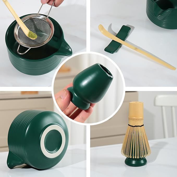 Matcha Whisk Set,Matcha Making Set with Dark Green Bowl,Matcha Whisk Holder, Stainless Sifter & Scoop, Tea Towel,Traditional Matcha Tea Set for Ceremony,Dark Green,7Pcs