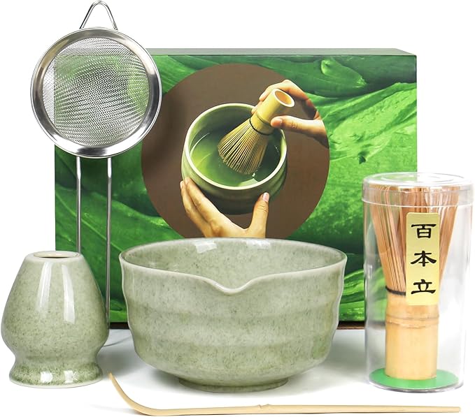 Matcha Whisk Set - Premium Complete Ceremonial Grade Matcha Set with Bamboo Whisk, Matcha Bowl with Spout, Scoop, Sifter & Holder - Authentic Japanese Tea Kit for Traditional Tea Preparation