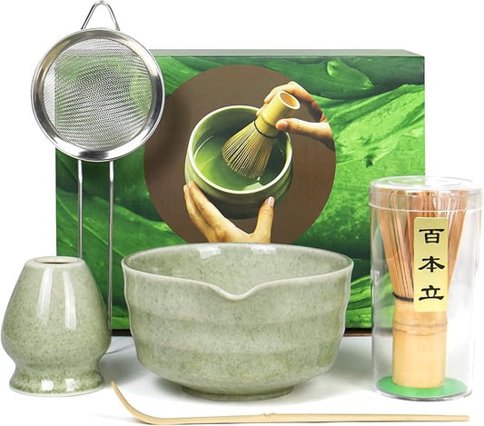 Matcha Whisk Set - Premium Complete Ceremonial Grade Matcha Set with Bamboo Whisk, Matcha Bowl with Spout, Scoop, Sifter & Holder - Authentic Japanese Tea Kit for Traditional Tea Preparation