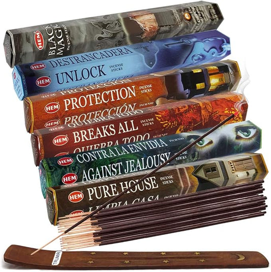 Hem Incense Sticks Variety Pack #21 and Incense Stick Holder Bundle with 6 Witchcraft Themed Fragrances