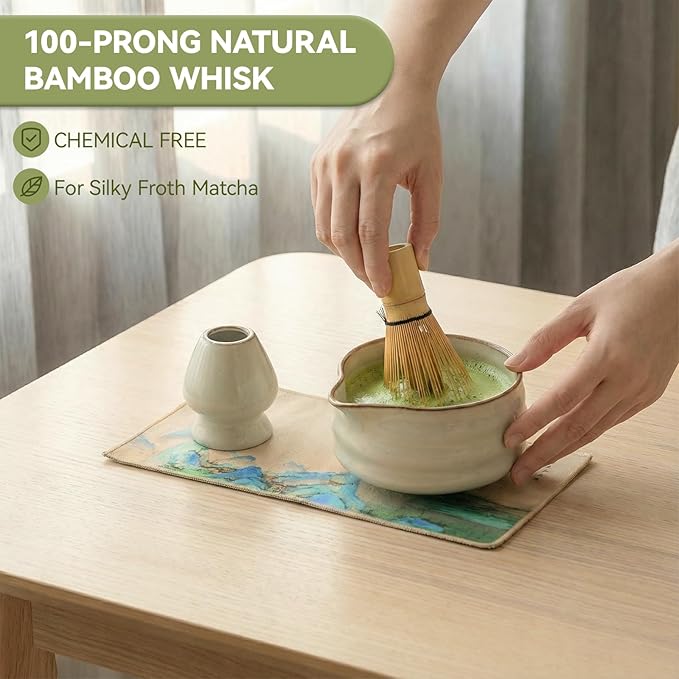 Matcha Whisk Set, Ceramic Matcha Set Includes Matcha Bowl, Matcha Whisk Chasen and Whisk Holder, Sifter, Bamboo Scoop, Scoop Rest and Tea Towel-7 Pcs Matcha Kit for Matcha Lovers, Misty Gray