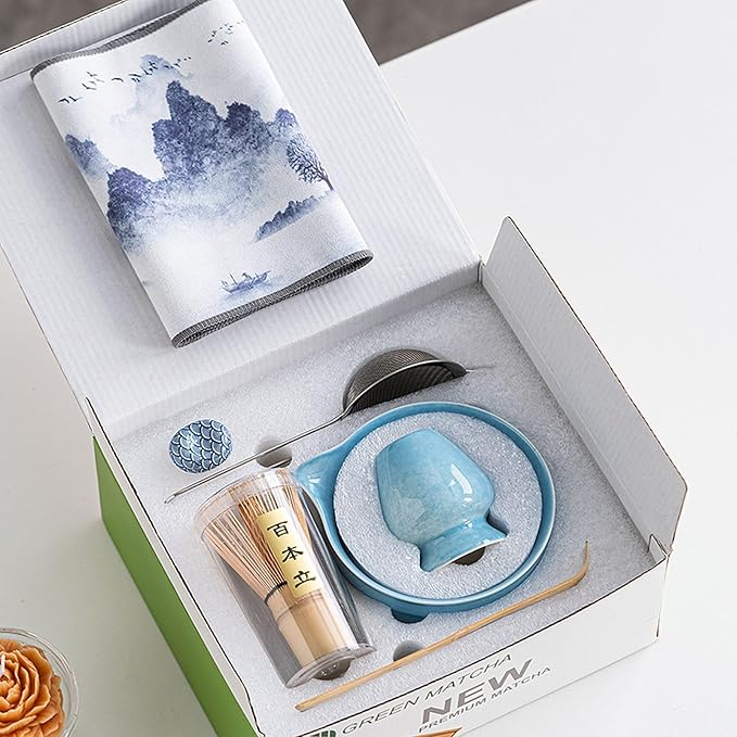 Ceramic Matcha Whisk Set, Complete Matcha Set-8PCS for Ceremonial Grade Matcha, Tea Gifts for Tea Lovers for Christmas, Birthday, Halloween (Sky Blue)