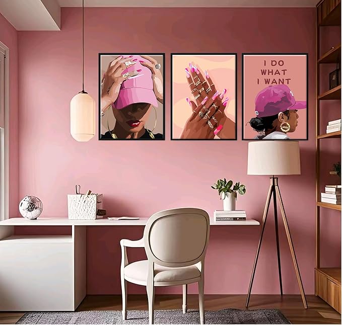 Unframed Black Girl Canvas Wall Art pink trend American Black Woman Posters Prints Wall Decor Pictures for Home Living Room Bedroom study Decoration,Unframed16 x 24inches X3piec