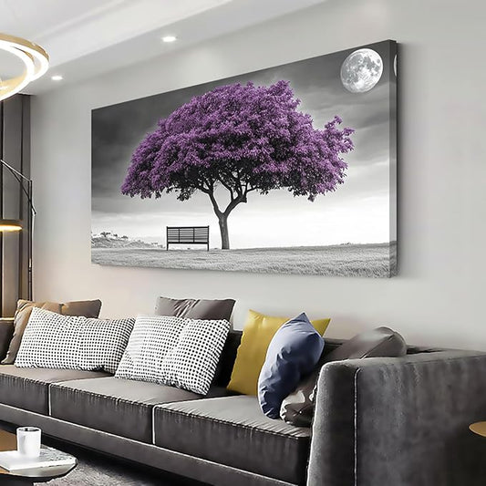 ZESTRILIA Country Purple Tree Wall Art for Living Room Office Violet Gray Moon Canvas Painting Prints Artwork Dining Bedroom Decor (30x16 Inches)
