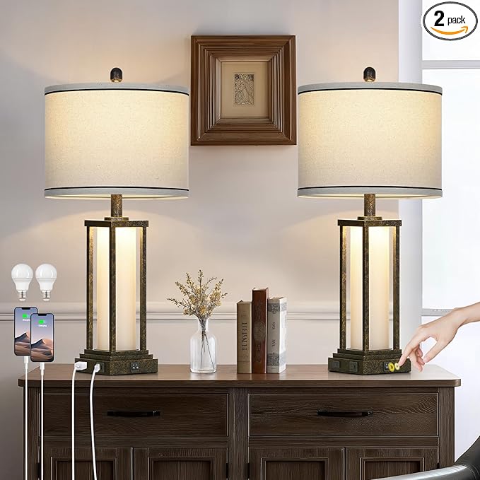 27in Tall Farmhouse Table Lamp Set of 2 with USB C+A & Outlet,Bronze Industrial End Table Lamp for Living Room,Vintage Rustic Bedside Lamps with Night Light for Bedroom Nightstand,Bronze