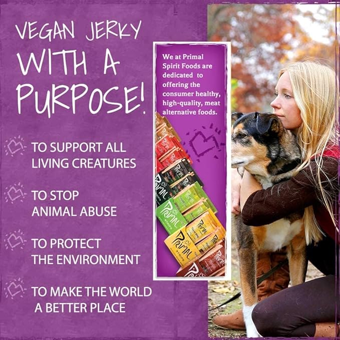 Primal Spirit Vegan Jerky – “Classic Flavor” – Texas BBQ, 10 g. Plant Based Protein, Certified Non-GMO, No Preservatives, Sports Friendly Packaging (24 Pack, 1 oz)