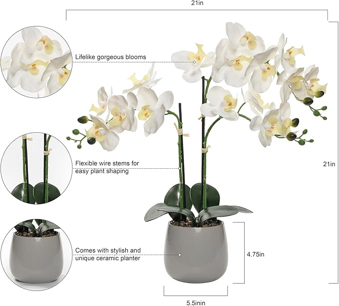 Artificial White Orchid Plant in Gray Ceramic Pot, Realistic Faux Flowers Indoor Decorative Display, 21-Inches Tall, Non-Allergenic, Maintenance-Free