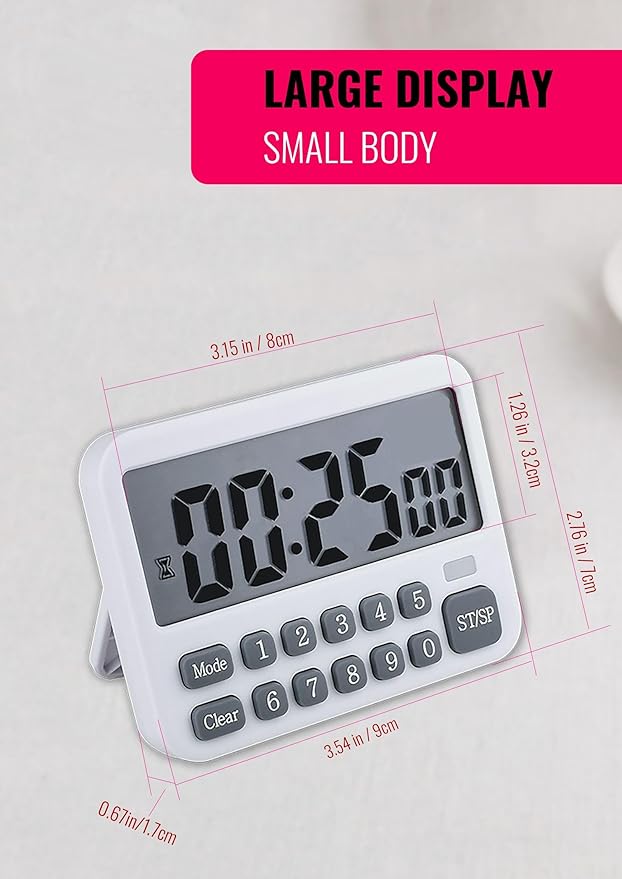 Digital Multifunction Timer with Clock, 10 Preset Alarms, Countup & Countdown, Memory Settings, White