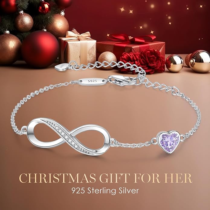 CDE Infinity Heart Birthstone Charm Link Bracelet for Women 925 Sterling Silver Adjustable Mother's Day Gift Anniversary Birthday Jewelry for Wife Girlfriend Her