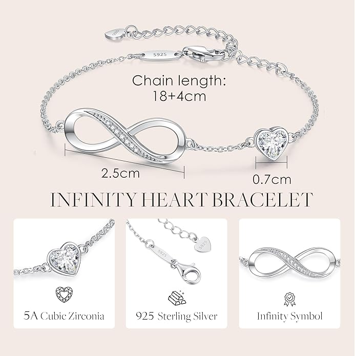 CDE Infinity Heart Birthstone Charm Link Bracelet for Women 925 Sterling Silver Adjustable Mother's Day Gift Anniversary Birthday Jewelry for Wife Girlfriend Her