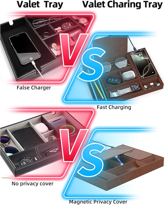 Valet Tray with Wireless Charger, Nightstand Organizer, Leather Desk Drawer Organizer Tray with 7 Compartments for Jewelries, Watch, Key, Wallet, Phone, Brown