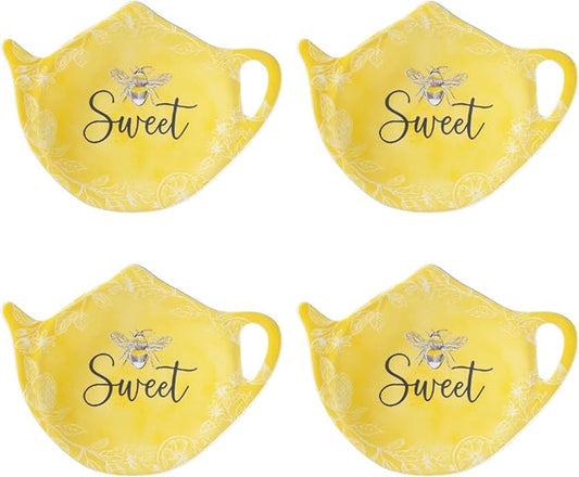 Supreme Housewares Sweet Bee Tea Bag Holders, Teapot Shaped Tea Bag Coasters Spoon Rests Saucer Seasoning Dish Set, Yellow, 4 x 3 Inch, Set of 4