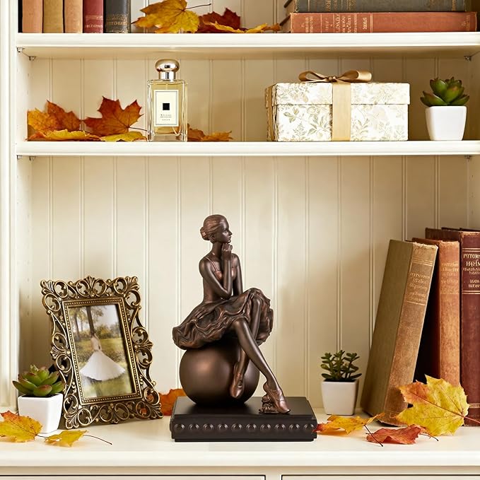 Seated Ballerina Figurines, Ballerina Dancer Statues Resin Sculpture Vintage Home Decor, Ballet Dance Girl Ornament for Shelves Home Office Decor (Bronze)