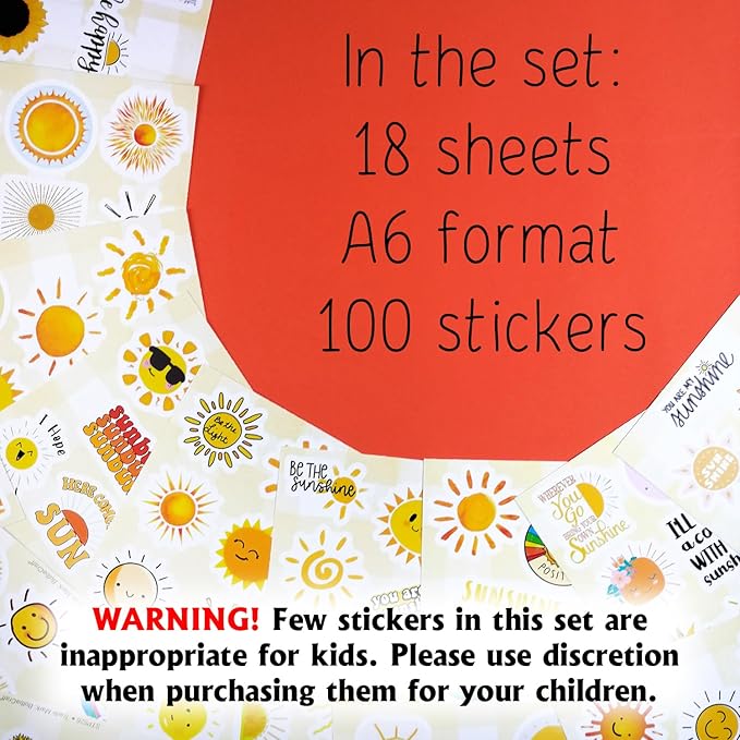 BulbaCraft 100Pcs Small Sunshine Stickers, Sun Stickers and Decals for Laptop and Water Bottles, You are My Sunshine Decals and Party Favors, Sun Birthday Party Decorations, Gifts for Women & Men