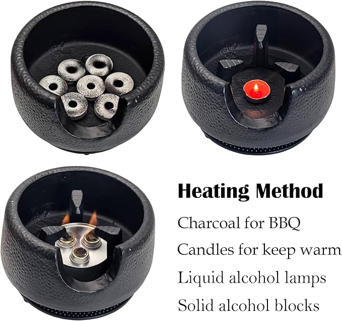Cast Iron Teapot Warmer with Candle, Small Heavy Charcoal Stove for Tea Pot, Tea Kettle Warmer Set with Trivet, Barbecue Grill, Hibachi with 18/8 Stainless Steel Mesh
