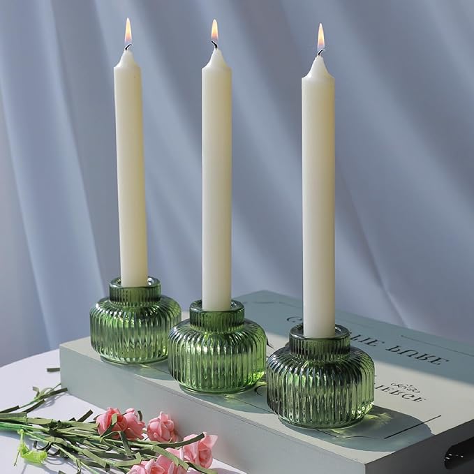 Woho Green Taper Candle Holders Set of 8 for Christmas Party Decor, Reversible Candle Sticks Holder Decor for Wedding Table Centerpiece, Vintage Ribbed Glass Candlestick Holders for Home Decor
