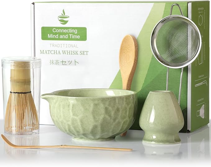 Matcha whisk Sets,Japanese Matcha Set,Matcha Bowl with Spout,Matcha Whisk and Holder,Bamboo Scoop,Sifter - 6 Pcs Tea Set for Matcha Lover,Tea Ceremony,Thanksgiving,Christmas gifts(Green)