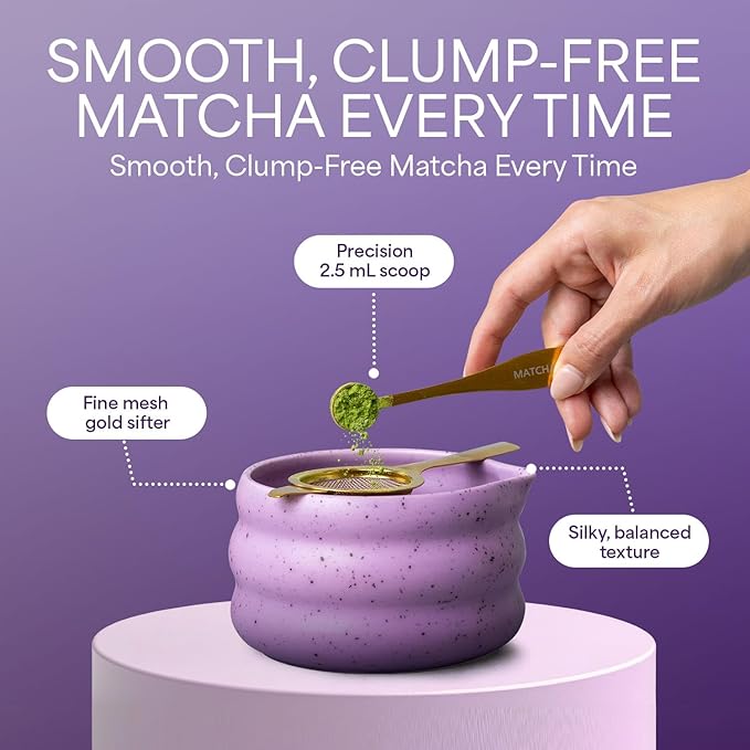 Matcha Whisk Set With Ceramic Matcha Bowl, Bamboo Whisk & Holder, Stainless Steel Spoon & Sifter, Glass Cup & Straw, Electric Frother, Storage Bag - Gift for Matcha Lovers (Premium 9-Piece Set Purple)