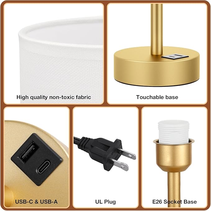 Small Touch Bedside Lamp with USB - 3 Way Dimmable Table Lamp for Bedroom, Nightstand Lamp with Gold Charging Station for Desk Dorm, Office