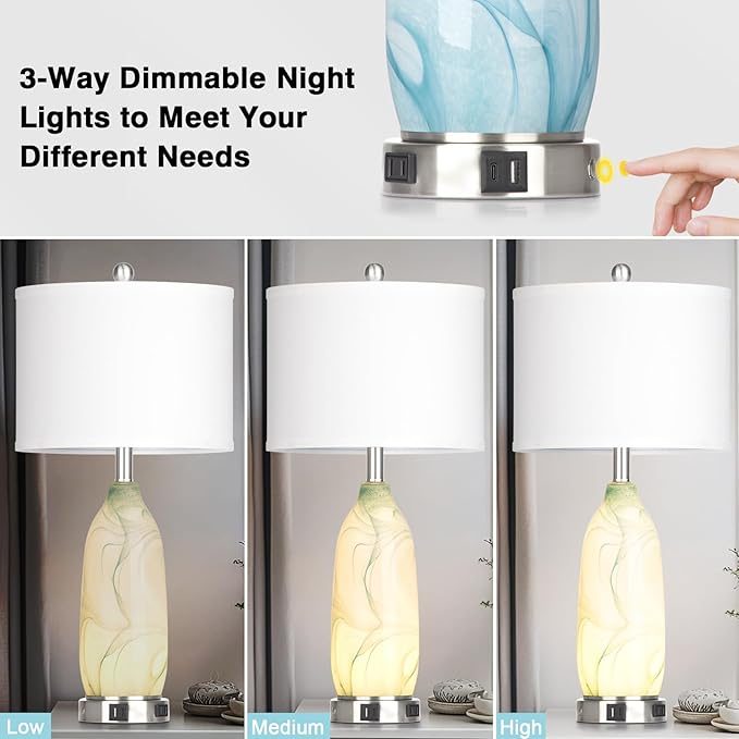 26" Coastal Glass Table Lamps Set of 2, Touch Control Bedside Lamp with USB A+C Ports and AC Outlet, Blue Lamp with Night Light for Nightstand Living Room Bedroom, 2 LED Bulbs Included