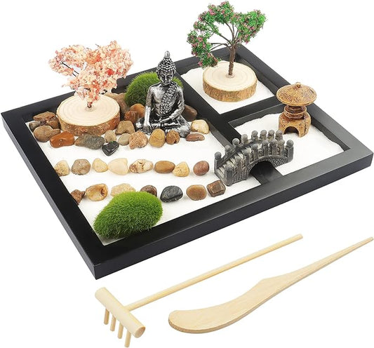 Sakura Budah Desktop Mini Zen Garden - 9" x 7" with White Sand, Artificial Bonsai Tree, Rocks, Rakes & Accessories - Meditation Gift for Office Decor